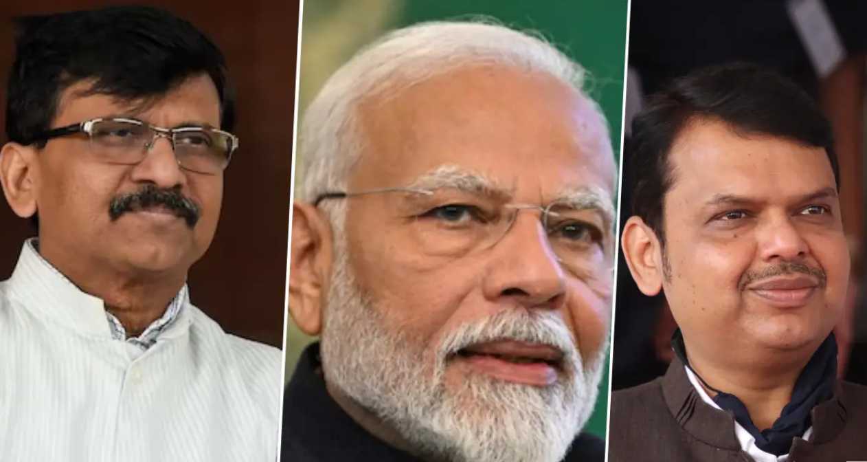 महाराष्ट्र के सीएम देवेन्द्र फणनवीस, पीएम मोदी और शिवसेना नेता संजय राउत