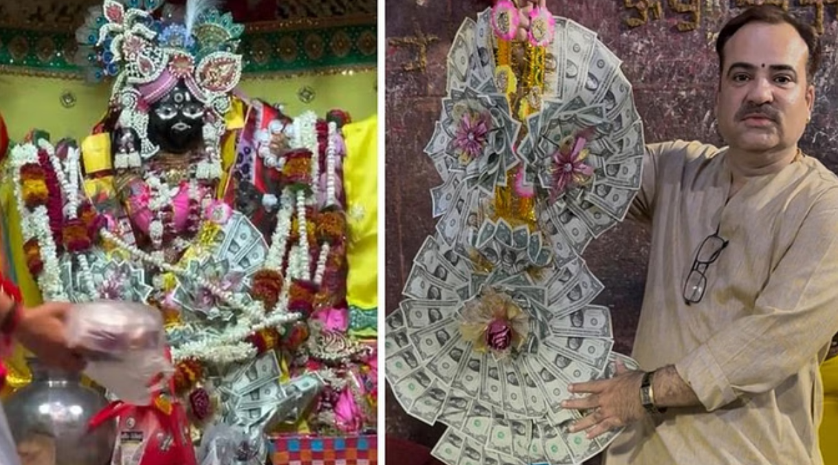 कनाडा के एक भक्त ने वृन्दावन मंदिर में ठाकुर बांके बिहारी को चढ़ाया डॉलरों से बनीं माला….