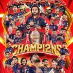 Promotional poster celebrating IPL 2026 champions with a central trophy, players in blue jerseys, fireworks, and a bold 'CHAMPIONS' headline.