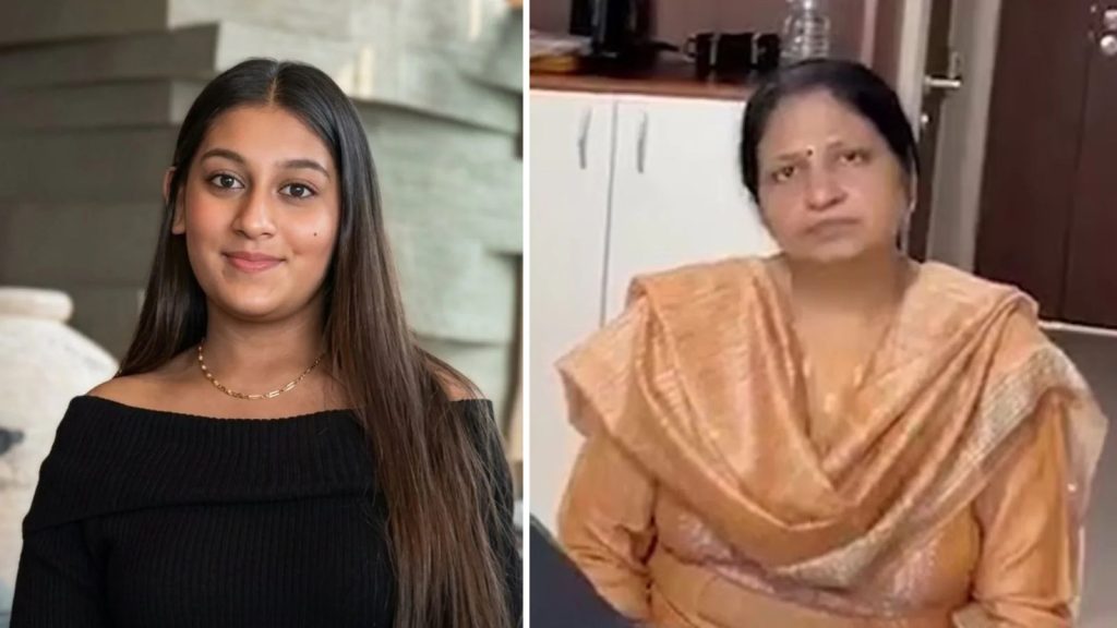 Split image: left a smiling young woman with long dark hair in a black off-shoulder top; right a middle-aged woman in a peach sari indoors, looking at the camera.