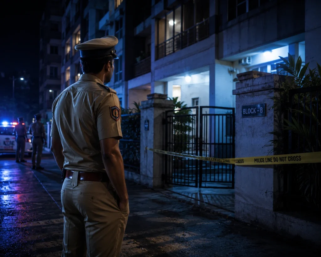 Police officer stands at a cordoned-off night-time crime scene outside a residential building with police tape and a gated entrance.