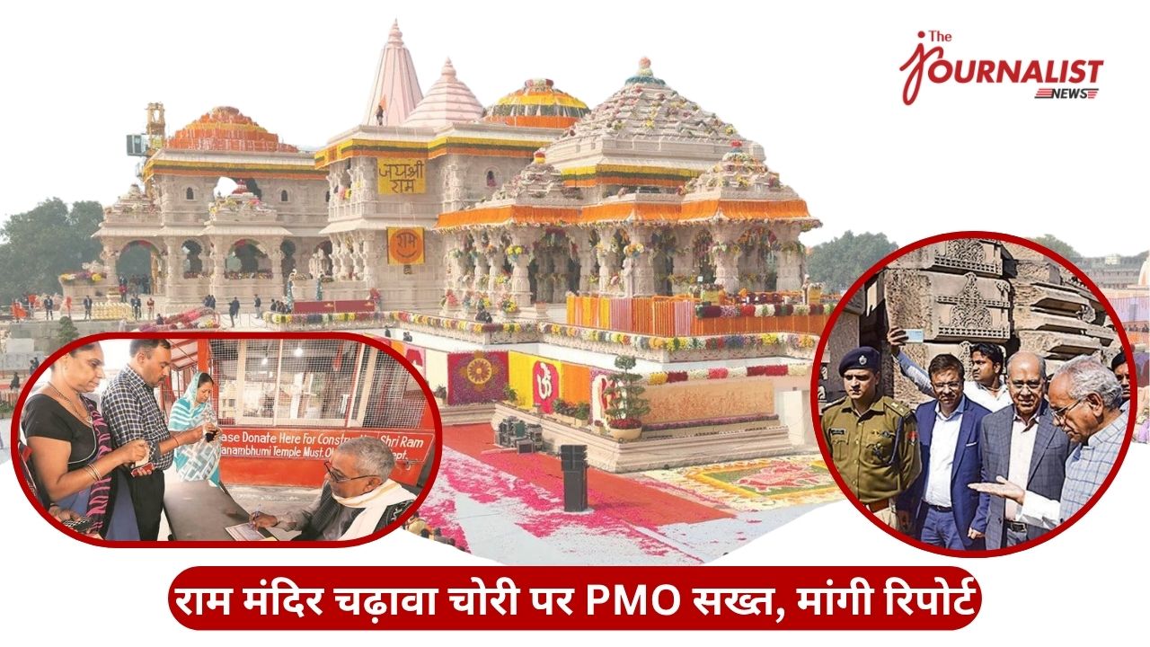 Ram temple exterior with two circular insets: left shows people donating at a counter, right shows officials and a police officer inspecting items; Hindi banner at bottom.