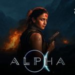 Promotional poster for Alpha: a woman in tactical gear holding a pistol with flames behind her and The Journalist News logo in the corner.