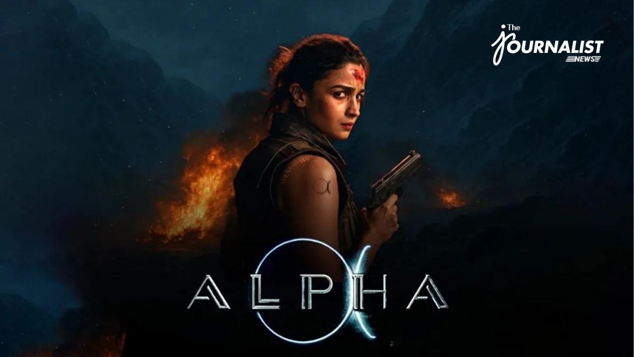 Promotional poster for Alpha: a woman in tactical gear holding a pistol with flames behind her and The Journalist News logo in the corner.