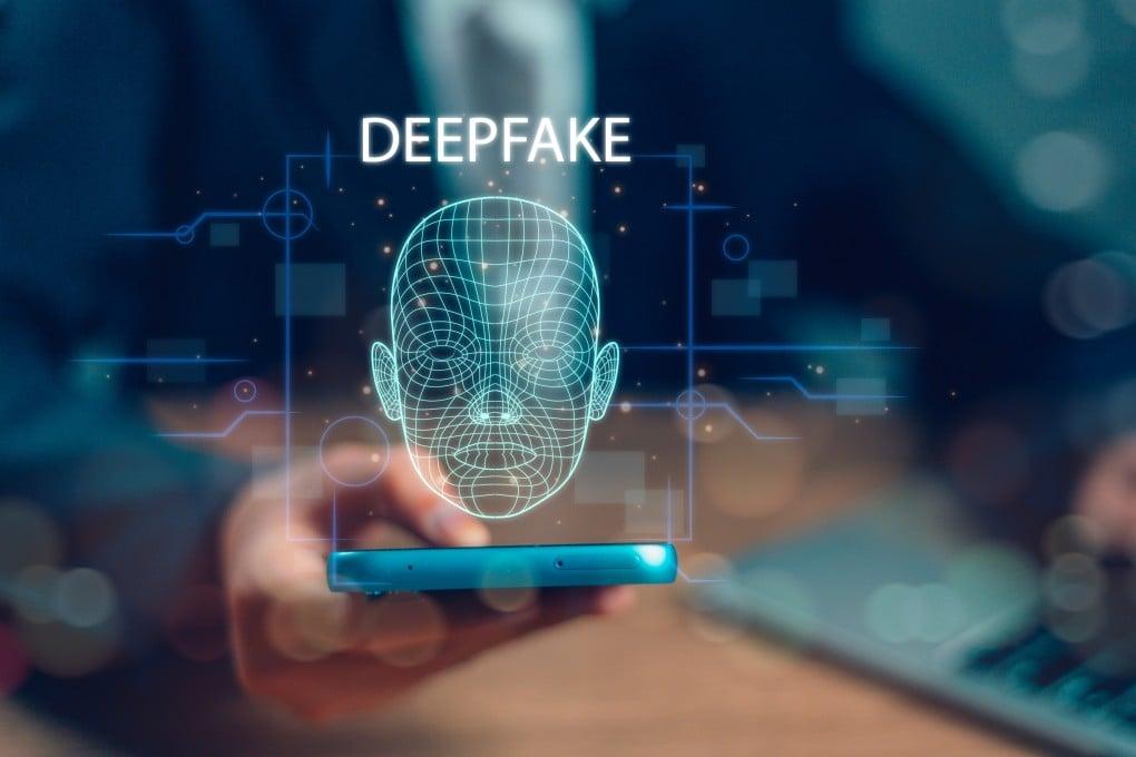 3D wireframe human head hovering over a smartphone with the word DEEPFAKE, depicting deepfake technology in a blue digital background