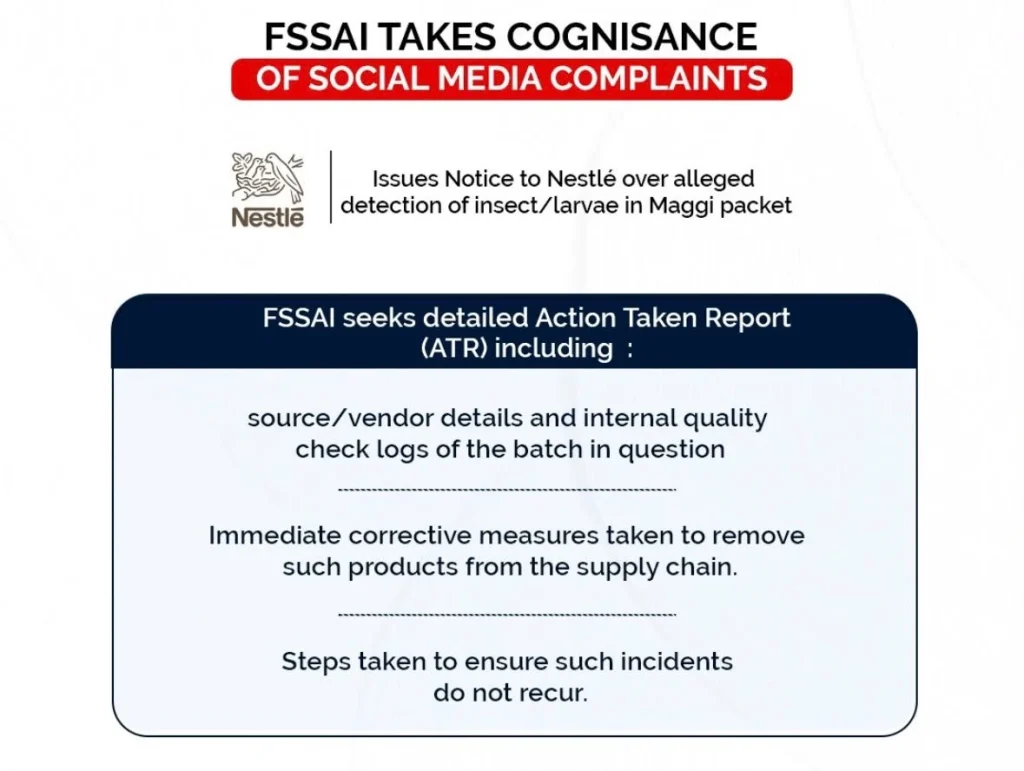 HKmO-7YaIAAZByL - The Journalist News Poster announcing FSSAI takes cognisance of social media complaints, with Nestlé logo, and that FSSAI seeks a detailed Action Taken Report (ATR) including vendor details, corrective measures, and preventive steps to prevent recurrence of incidents.