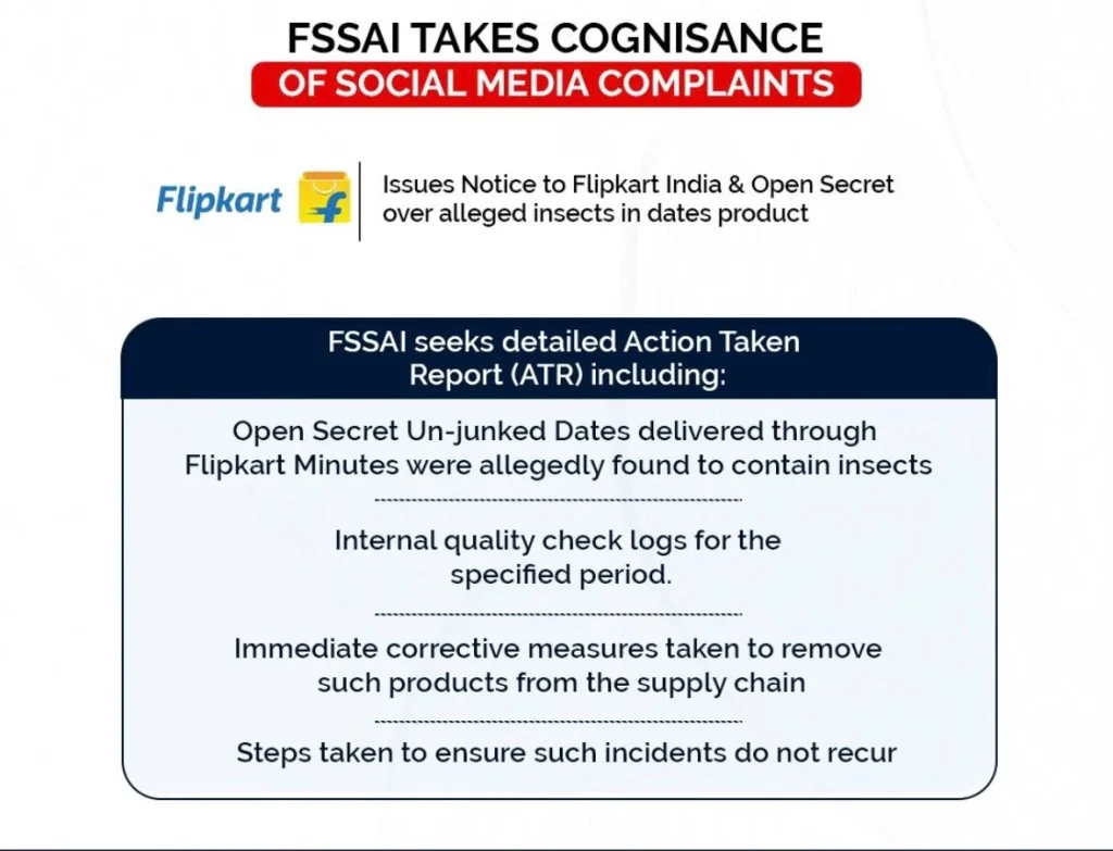 HKmO8yla4AAJq1b - The Journalist News Infographic: 'FSSAI takes cognisance of social media complaints' with Flipkart notice and a box listing actions by FSSAI (ATR).