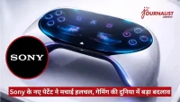 News thumbnail showing a futuristic Sony VR headset with the Sony logo and The Journalist News watermark; Hindi caption about Sony's new patent impacting gaming.