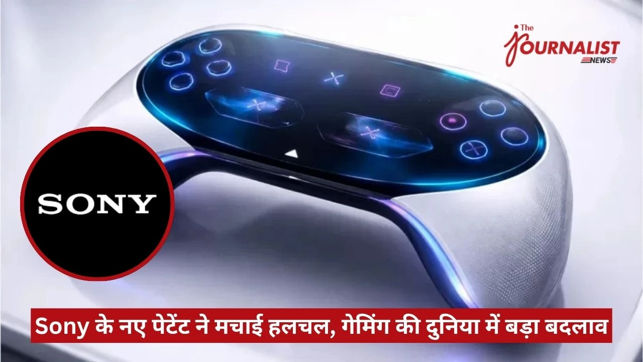 News thumbnail showing a futuristic Sony VR headset with the Sony logo and The Journalist News watermark; Hindi caption about Sony's new patent impacting gaming.