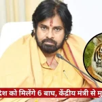 Indian man in a yellow kurta at a press briefing, with a circular inset image of a tiger and a red Hindi news banner at the bottom.