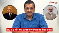 News thumbnail: man in blue shirt at a desk with circular portraits of Donald Trump (left) and Narendra Modi (right); red Hindi headline reads 'Trump और Modi पर कैजरीवैल का तीखा हमला'