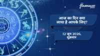 Hindi horoscope banner with a circular zodiac wheel on the left and two blue speech-bubble prompts on the right: 'आज का दिन क्या लाया है आपके लिए?' and '12 जून 2026, शुक्रवार' on a blue gradient background, featuring The Journalist News logo.