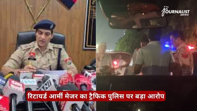 Split image: a uniformed police official speaks at a press conference with microphones; right shows traffic police at night with flashing lights and a checkpoint scenario.