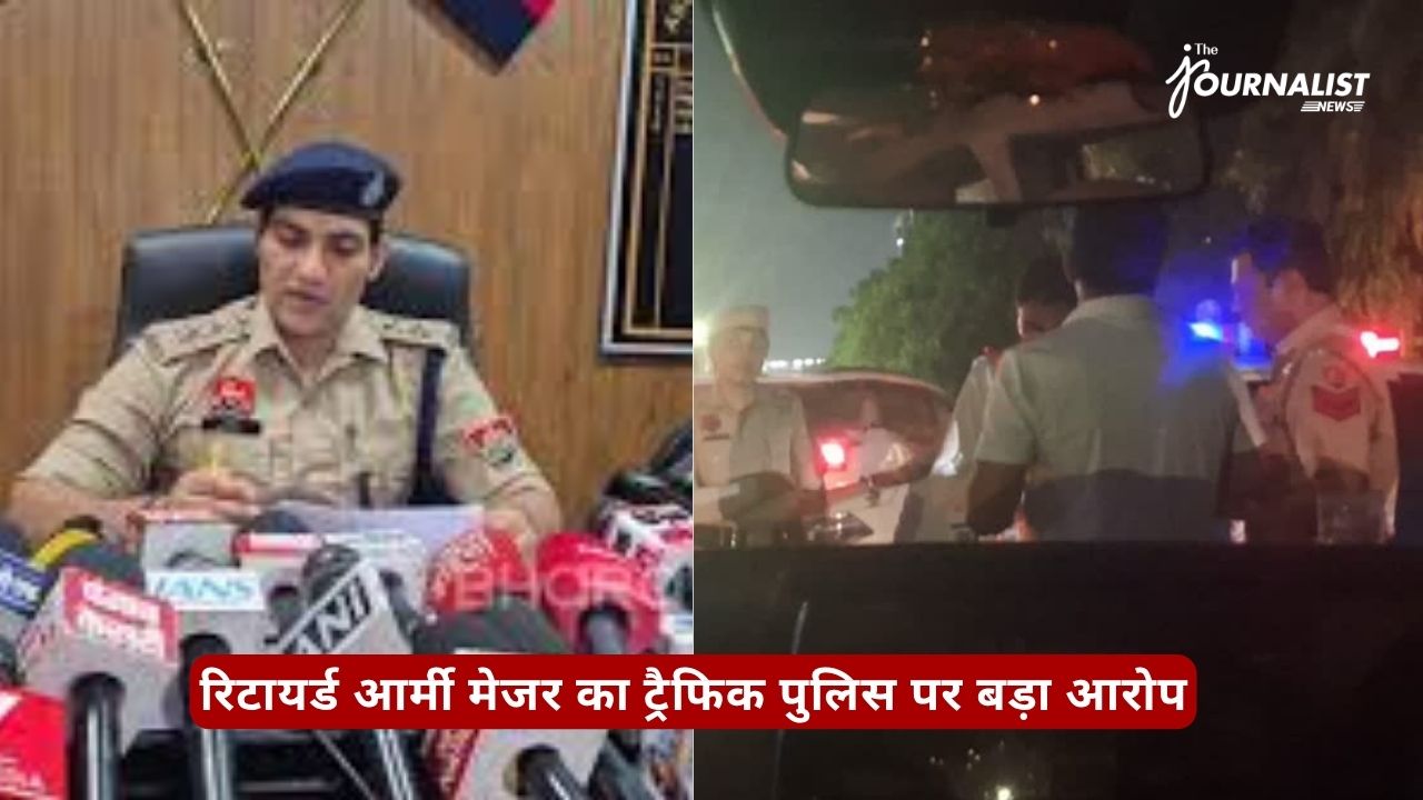 Split image: a uniformed police official speaks at a press conference with microphones; right shows traffic police at night with flashing lights and a checkpoint scenario.