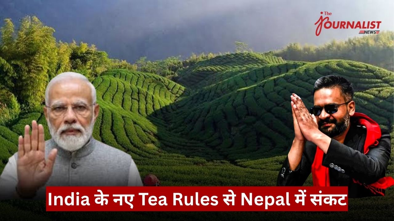 Collage of Modi waving and a man in sunglasses joining hands over a tea plantation, with a Hindi news banner about India’s new tea rules.