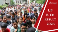 Crowded street of students with a red banner on the right reading 'UP B.Ed Result 2026' for a news post.