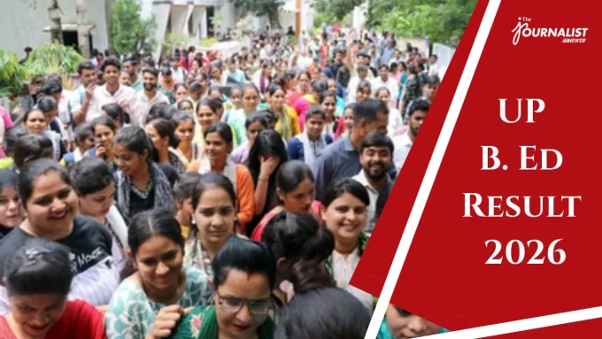 Crowded street of students with a red banner on the right reading 'UP B.Ed Result 2026' for a news post.