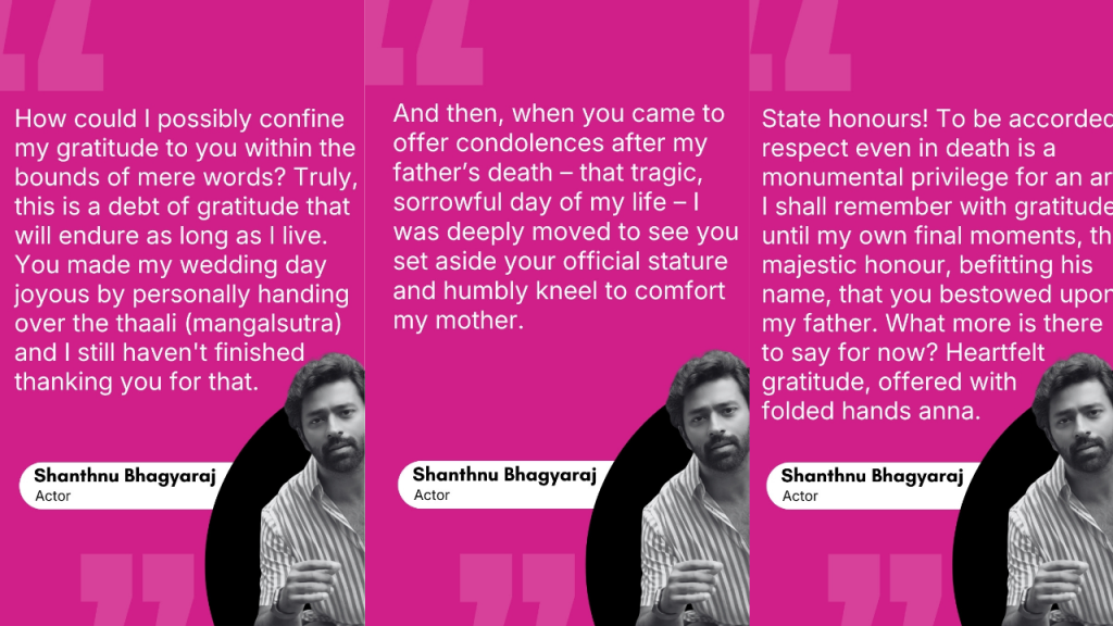 Triptych magenta poster with quotes and a grayscale photo of actor Shanthnu Bhagyaraj with a white name badge at the bottom left/right.