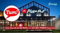 Exterior view of a Pizza Hut restaurant at dusk with a large Yum! logo overlay and a red Hindi headline banner at the bottom about Yum! Brands' decision/announcement.