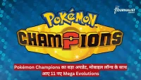 Pokémon Champions logo on a yellow shield with a blue background; red Hindi ticker at the bottom announces 11 new Mega Evolutions, The Journalist News logo top-right.