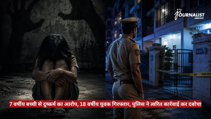A distressed girl sits with knees drawn up in a dark alley, while a police officer stands near a gated building at night with police tape in view, overlaid by a red Hindi news banner.