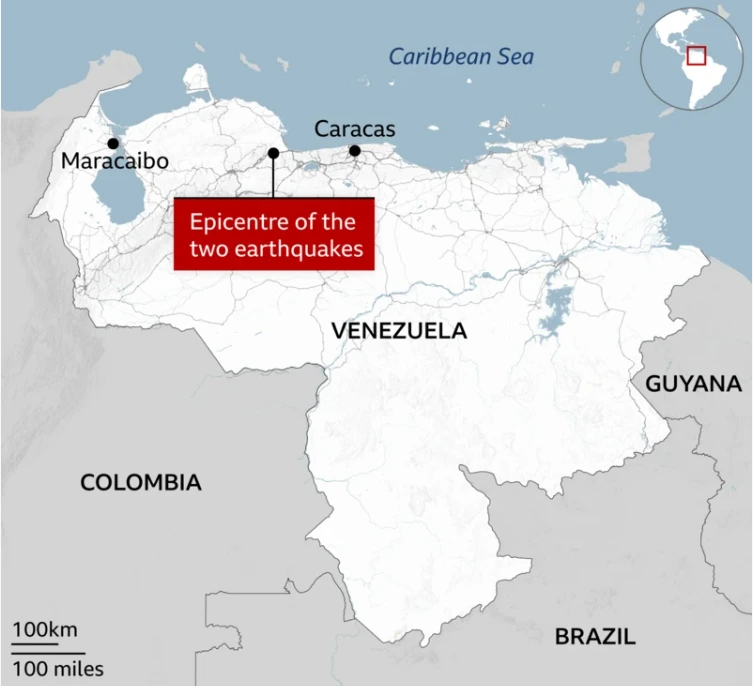 Map of Venezuela showing two earthquake epicenters near Maracaibo and Caracas with a red label reading 'Epicentre of the two earthquakes'.