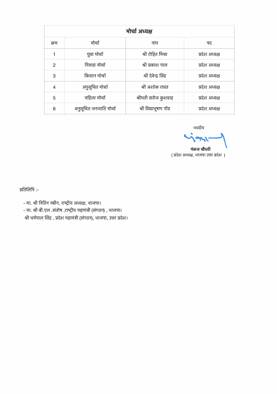 Formal document page with a centered table listing 6 award recipients (serial, name, and position). A blue signature stamp is at the bottom right, with a small block of text/credits below.