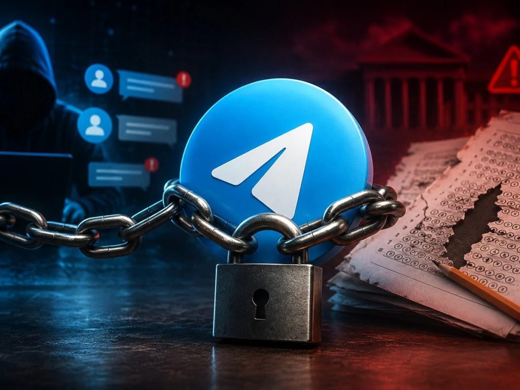 Telegram logo in blue circle chained to a padlock, symbolizing locked, secure messaging and privacy protection.