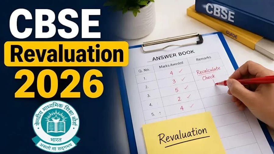 WhatsApp Image 2026-06-02 at 64210 PM - The Journalist News CBSE Revaluation 2026 educational poster with answer sheet and a hand marking a grade, yellow notes saying 'Revaluation' and the CBSE logo nearby