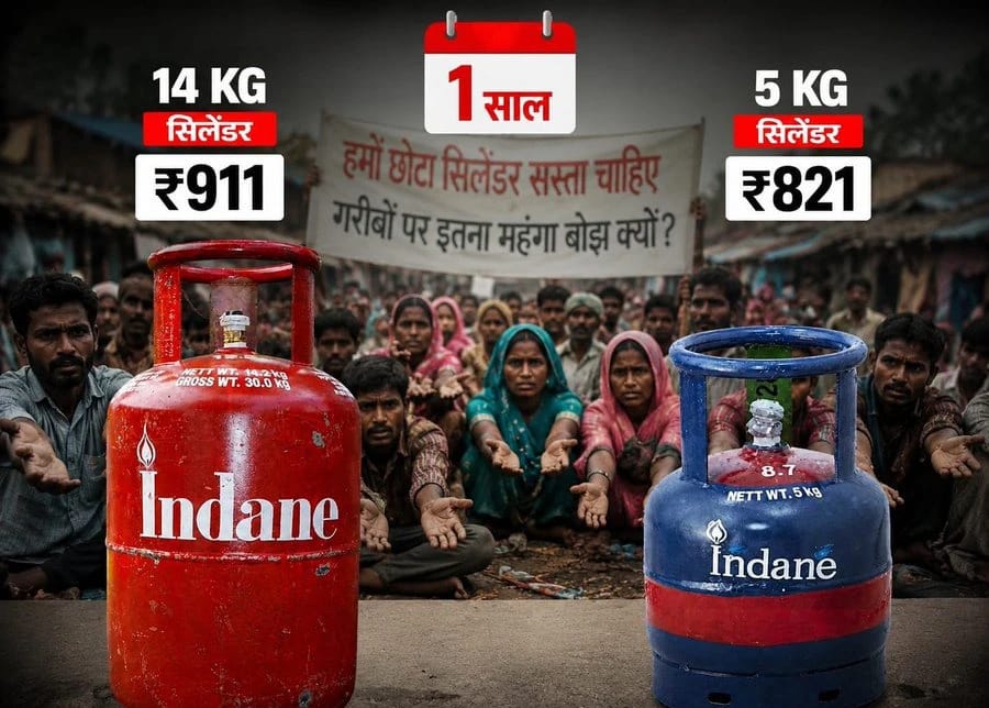 WhatsApp Image 2026-06-02 at 73824 PM - The Journalist News Crowd of Indians begging for cheaper cooking gas as two Indane cylinders (14 kg, Rs 911) and (5 kg, Rs 821) stand in foreground; a banner in Hindi is visible in the background.