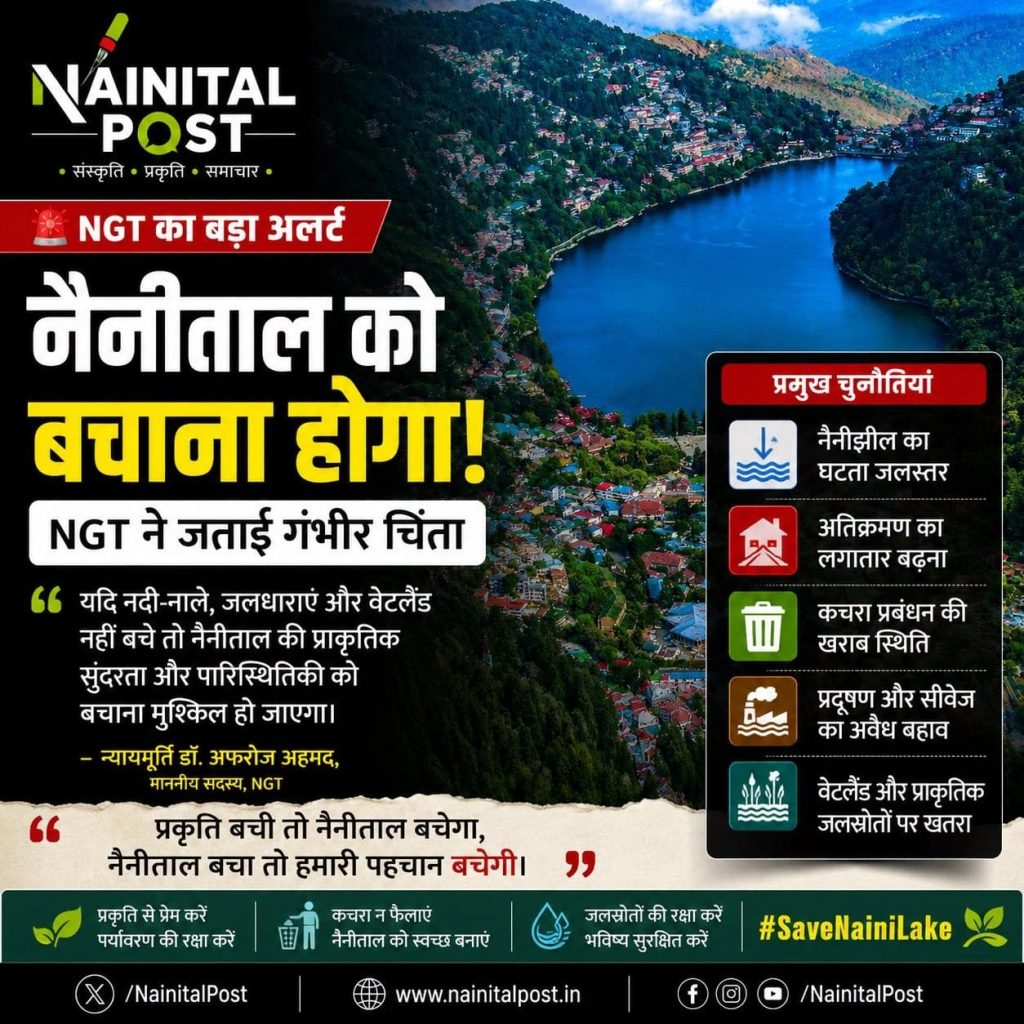 WhatsApp Image 2026-06-03 at 10813 AM - The Journalist News Nainital Post cover showing a lakeside town with a bold Hindi headline urging to save the lake, plus a right-side list of environmental issues.