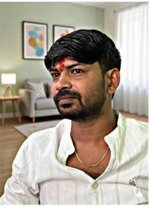A man with a red tilak on his forehead sits in a bright living room, wearing a white shirt and a gold chain.