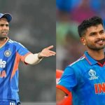 Two Indian cricketers in blue jerseys on split-screen: one gestures with an outstretched arm, the other smiles.