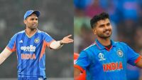 Two Indian cricketers in blue jerseys on split-screen: one gestures with an outstretched arm, the other smiles.