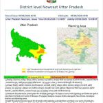 District level Nowcast Uttar Pradesh poster with two maps: left shows Uttar Pradesh thunderstorms (color-coded by intensity); right highlights the warning area with a color map, plus a legend and official logos at the top.