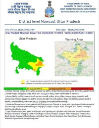District level Nowcast Uttar Pradesh poster with two maps: left shows Uttar Pradesh thunderstorms (color-coded by intensity); right highlights the warning area with a color map, plus a legend and official logos at the top.