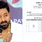 Left: man with tilak and gold chains speaking into a microphone; right: official Bihar election document listing candidates and names for 2026 elections