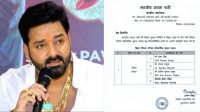 Left: man with tilak and gold chains speaking into a microphone; right: official Bihar election document listing candidates and names for 2026 elections
