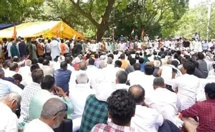 Large crowd seated outdoors at an event under trees with yellow tents in the background.