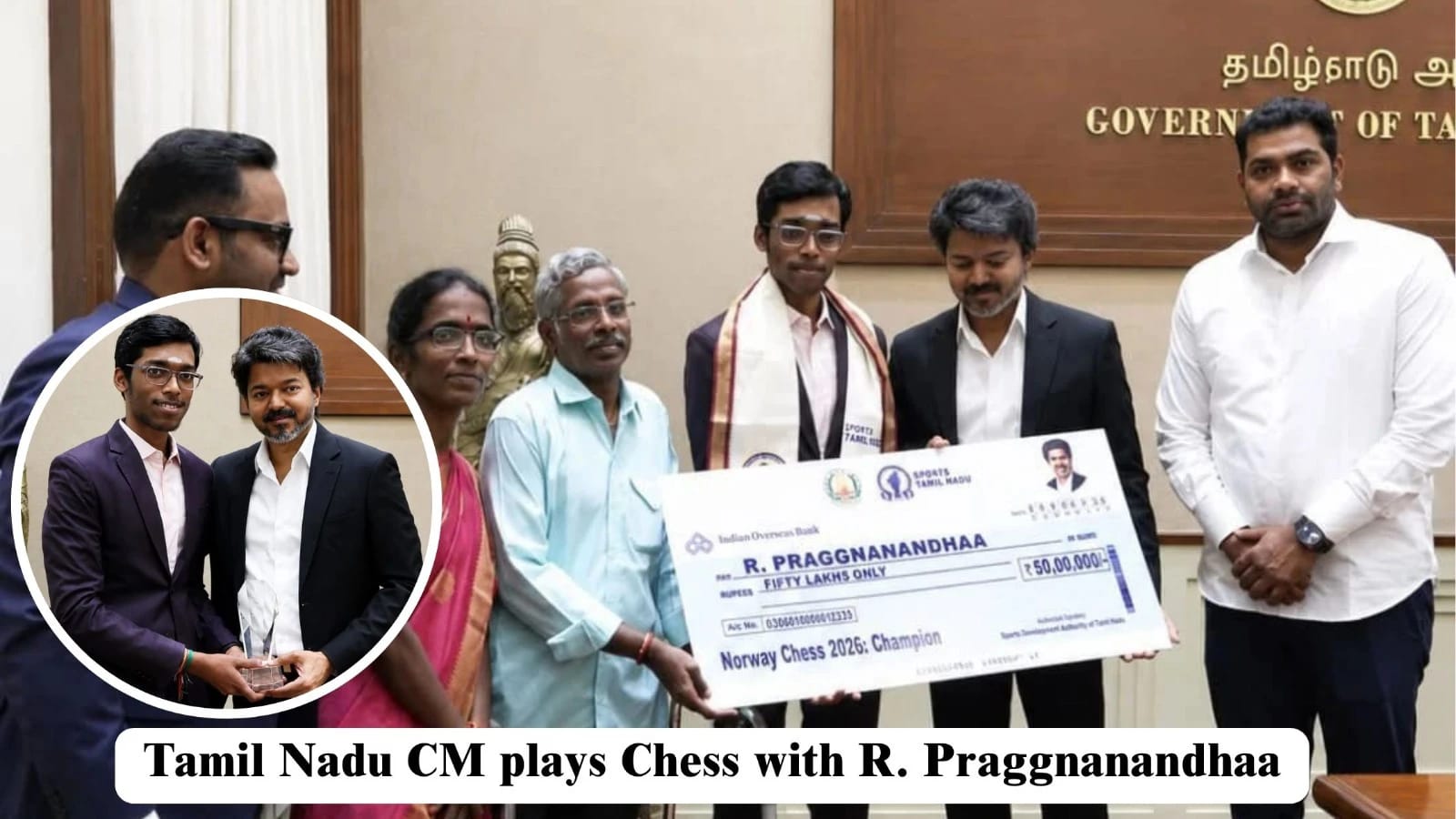 Tamil Nadu CM and R. Praggnanandhaa posing with a large cheque at a ceremony.