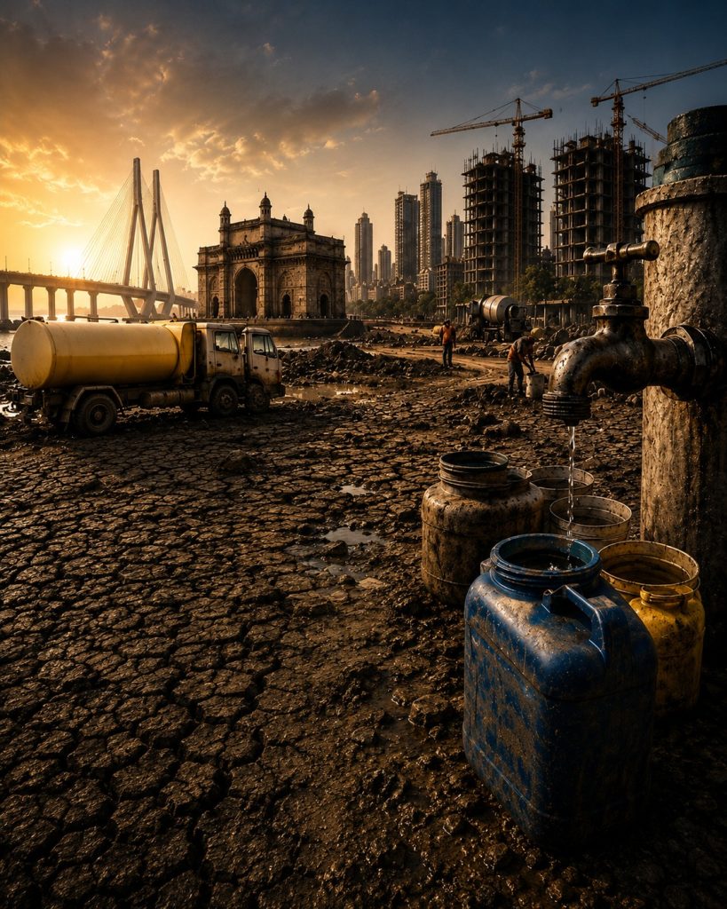 WhatsApp Image 2026-06-18 at 125837 PM - The Journalist News Sunset over a riverfront construction site with cranes, tall buildings under construction, and muddy cracked ground in the foreground with barrels and a water tap nearby.