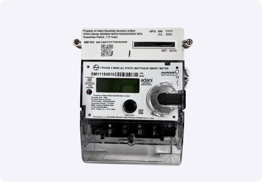 Single‑phase two‑wire AC smart electricity meter with digital readout and a transparent bottom cover, measuring household usage.