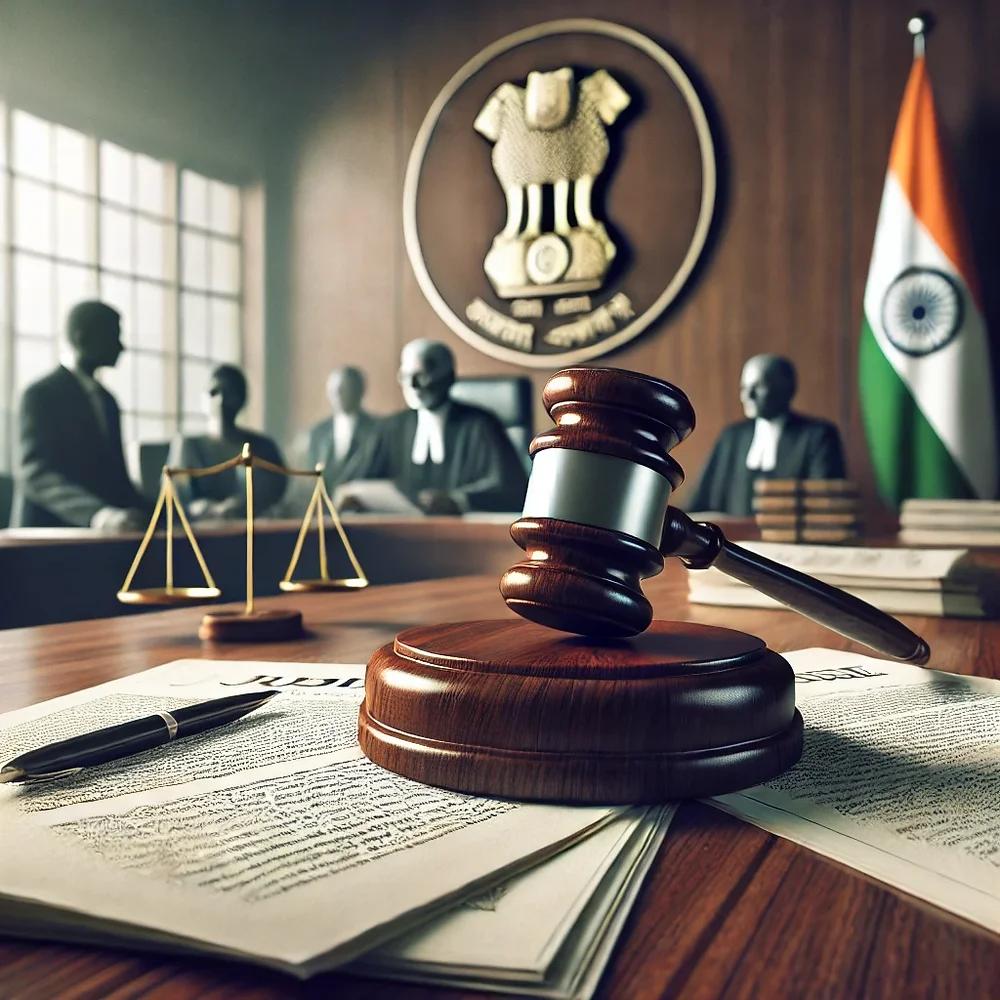 Gavel resting on legal documents in a courtroom with scales of justice and judges in the background.