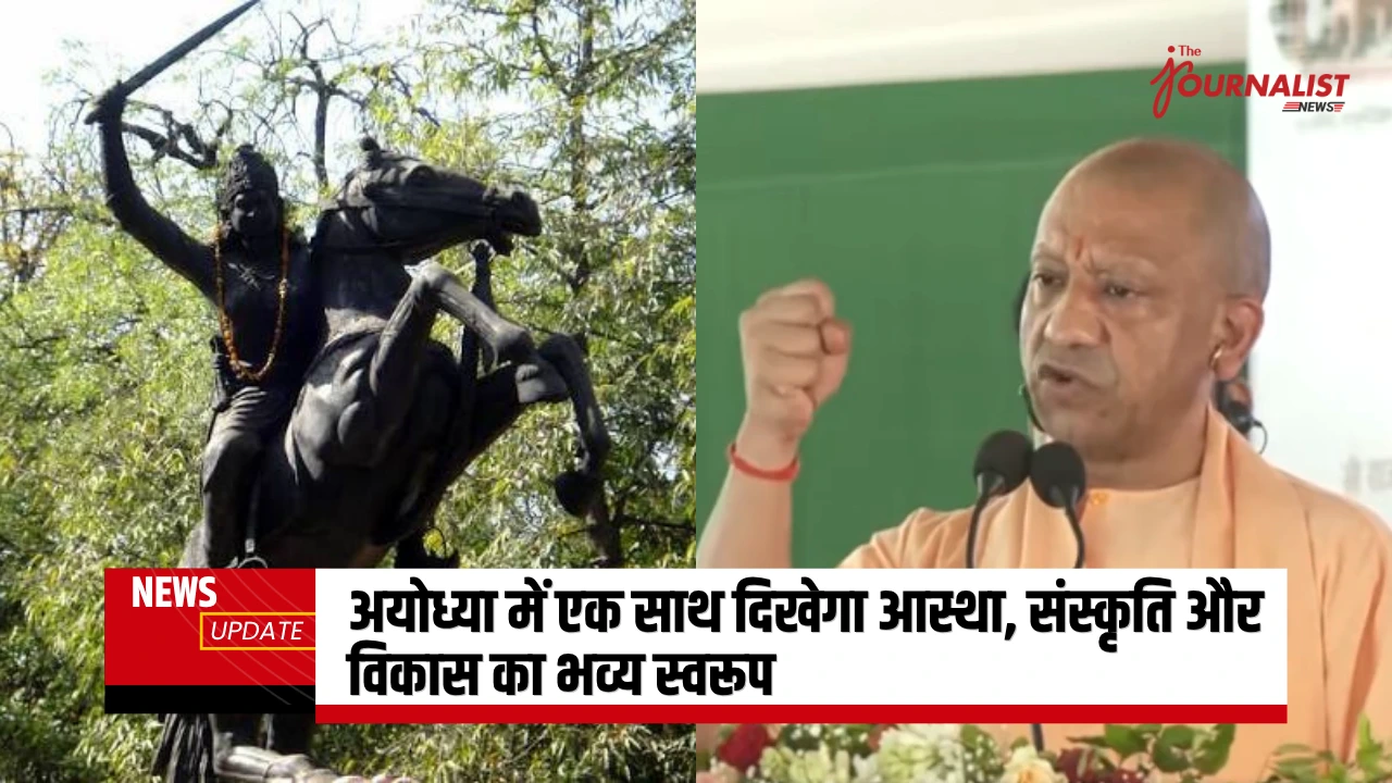 Left shows a dark statue of a rearing horse and rider in a garden; right shows a man in orange robes speaking at a microphone during a news event.