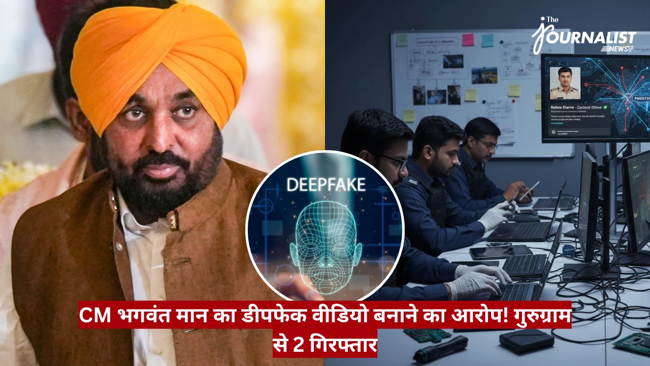 Split-image thumbnail: a man in an orange turban on the left, a circular 'DEEPFAKE' graphic in the center, and a newsroom with analysts at computers on the right; red Hindi headline about a deepfake video.