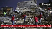 Rescue workers in red shirts search through rubble after a building collapse at night; The Journalist News logo and a red Hindi disaster headline banner across the bottom.