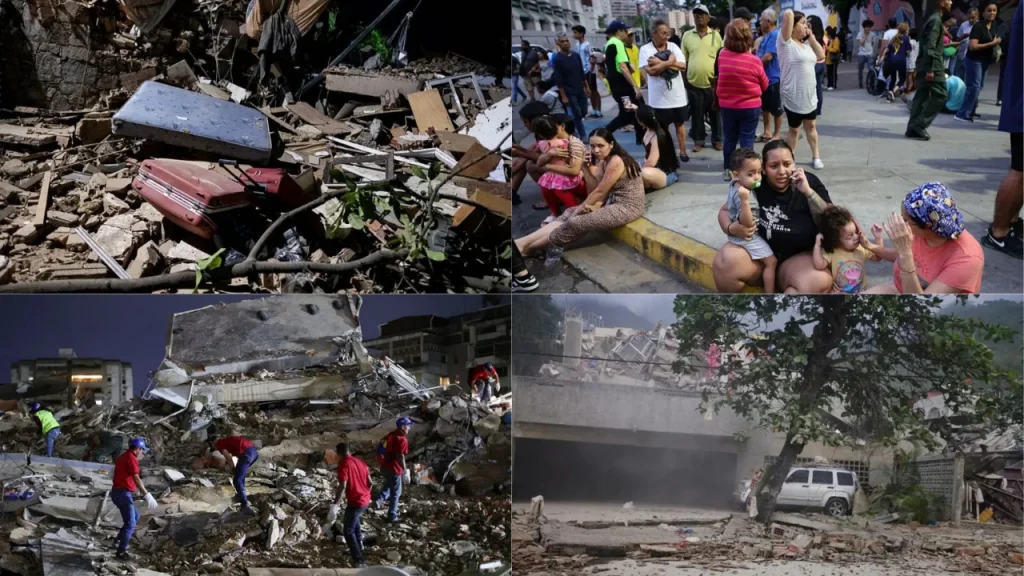 Collage of earthquake damage: rubble, debris, and damaged buildings with people helping in the scene.