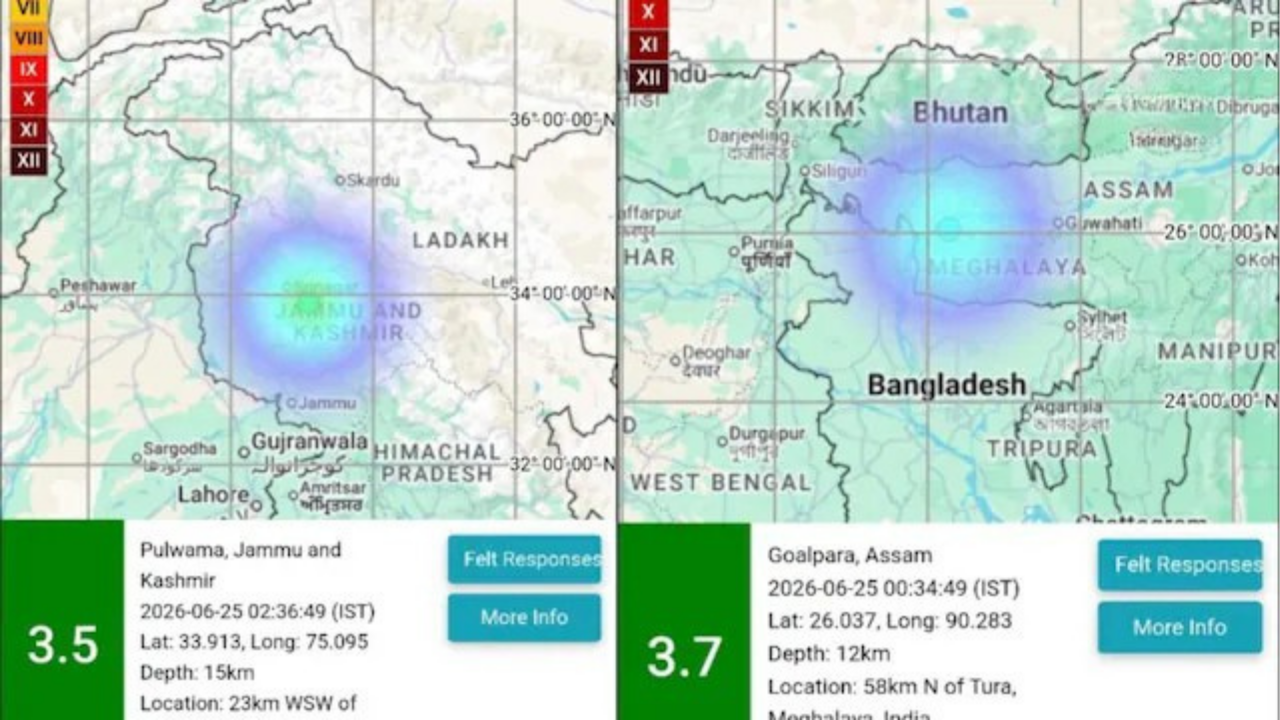 Split-screen map showing earthquake details: left panel near Jammu and Kashmir with intensity 3.5, right panel near Bangladesh/Assam with intensity 3.7, each with location info, depth around 12-15 km, and buttons labeled 'Felt Responses' and 'More Info'