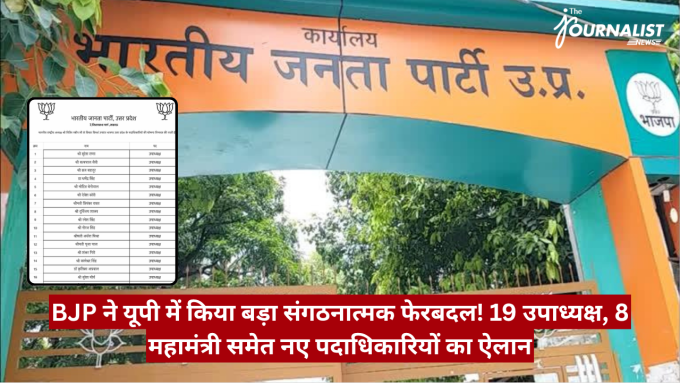 Entrance arch of Bharatiya Janata Party, Uttar Pradesh, in orange and teal with party logos; news headline about new party office-bearers in UP (19 vice-presidents, 8 ministers).
