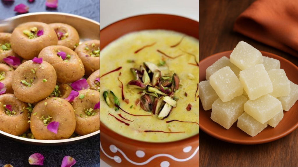 website 4 - The Journalist News Three Indian desserts: round nankhatai cookies topped with pistachios and rose petals, a bowl of saffron-kissed kheer with pistachio garnish, and a plate of sugar cubes on wood.